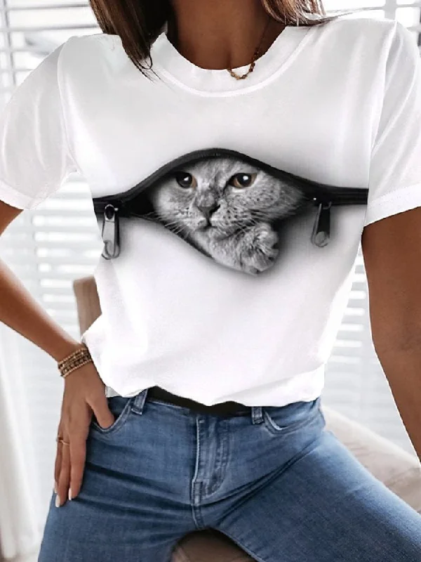 Quick Sale Jersey Casual Cat Loose Crew Neck T-Shirt  QH65