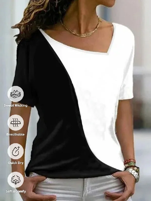 Super Deal Color Block Casual Regular Fit Square Neck T-Shirt  cc179