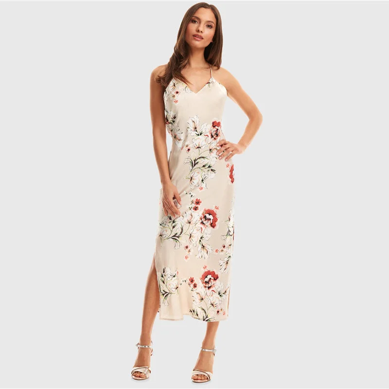 Exclusive Deal Women's Summer Satin V-Neck Floral Long Dress