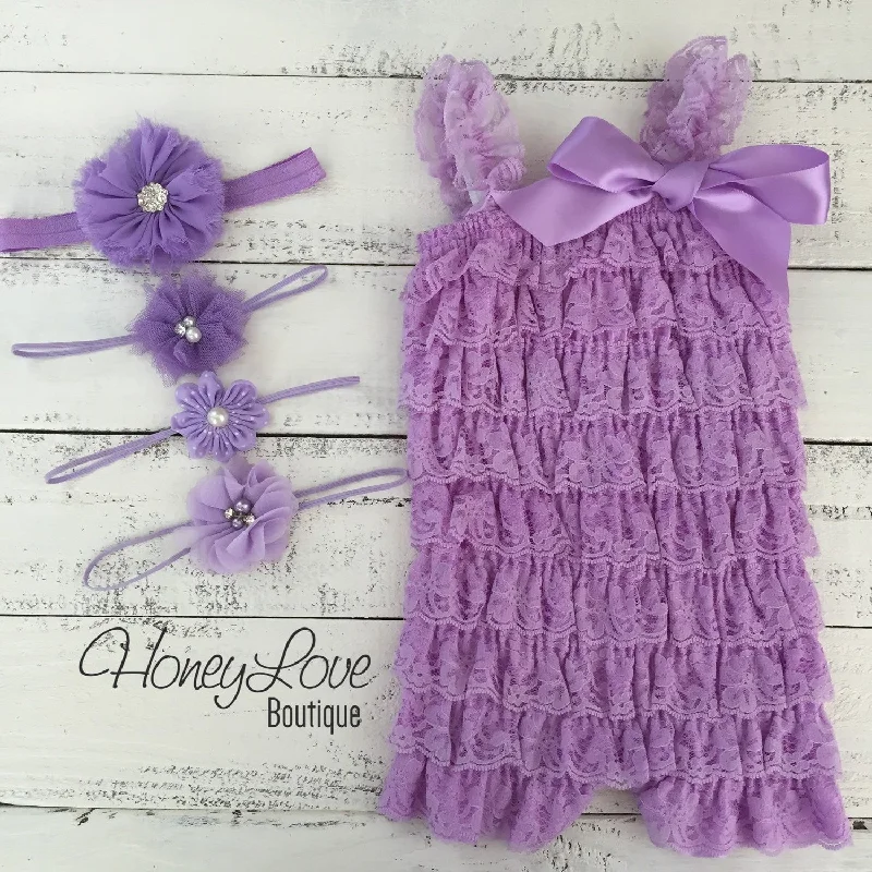 Stock Clearance Lace Petti Romper Lavender Purple and matching headband