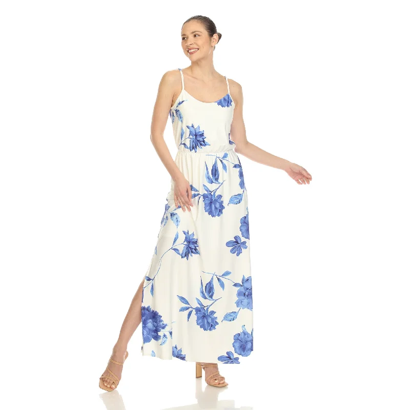 Midnight Madness White Mark Floral Print Maxi Dress Womens Spaghetti Strap Side Slit Sizes S-3X Midnight Madness White Mark Floral Print Maxi Dress Womens Spaghetti Strap Side Slit Sizes S-3X