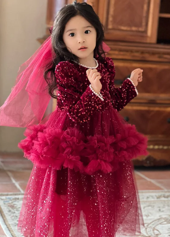 Savings Bonanza Cute Red O-Neck Sequins Patchwork Nail Bead Tulle Girls Maxi Dresses Fall RP028