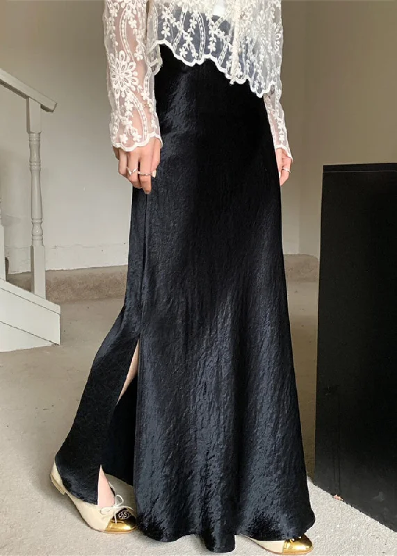 Blowout Sale Boutique Black Side Open Solid High Waist Silk Maxi Skirts Fall QP060