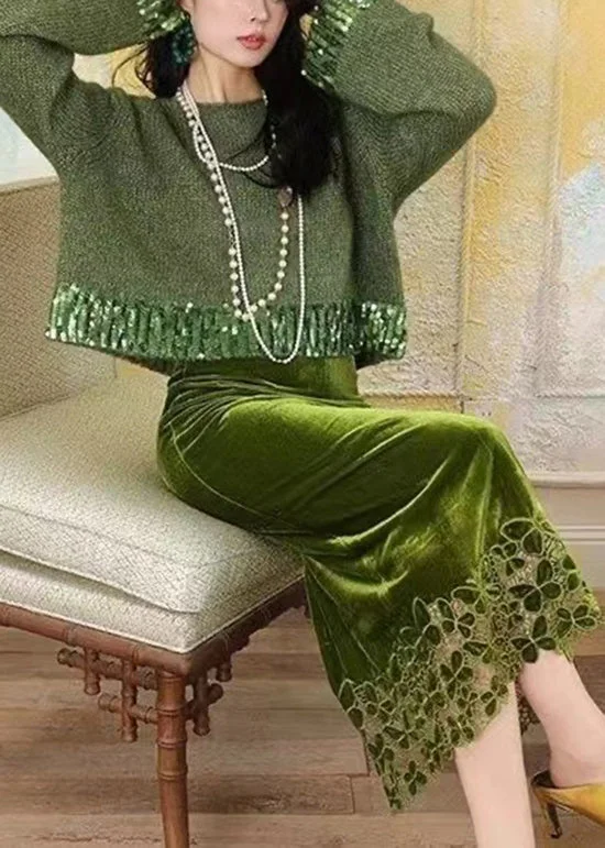 Major Savings Fitted Green Knit Sweaters And Velour Skirts Two Piece Suit Set Fall WP035