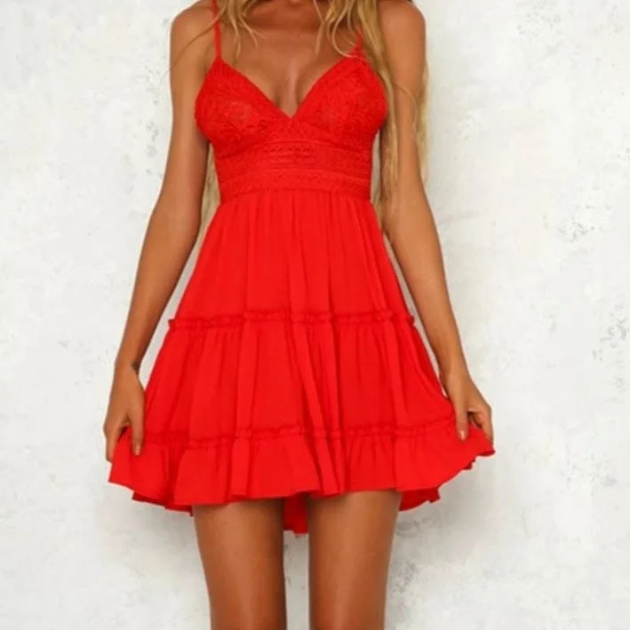 Best Bargains Backless V-neck Ruffle Beach Dress Polyester Lace White Bright Orange Size M Best Bargains Backless V-neck Ruffle Beach Dress Polyester Lace White Bright Orange Size M