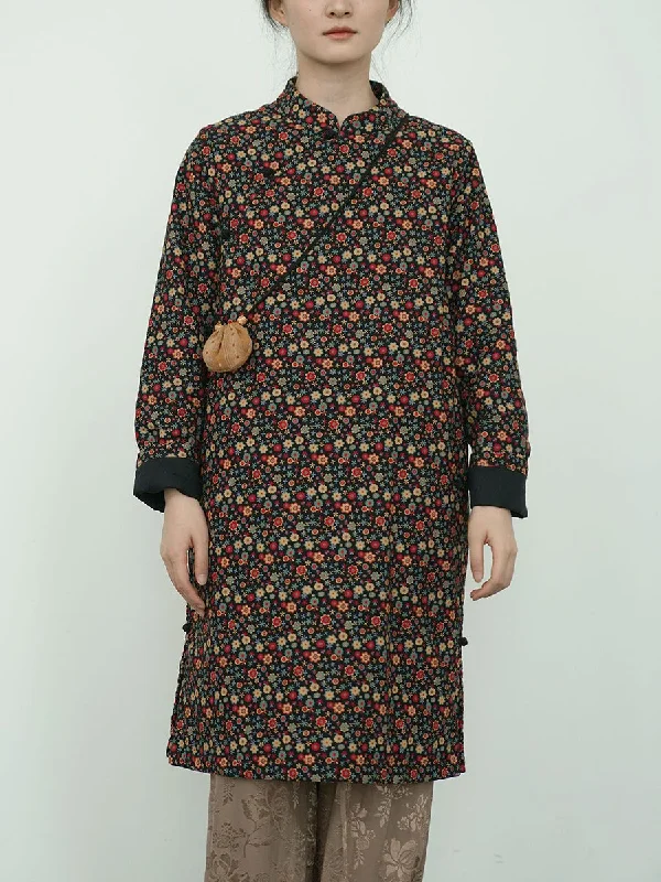 YEAR-End Sale Women Autumn Ethnic Casual Floral Stand Collar Padded Dress WU020