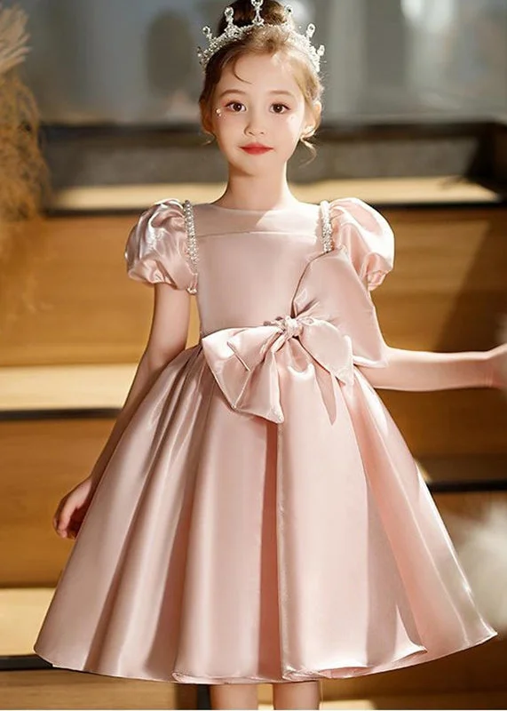Loyalty Reward Fashion Pink O-Neck Bow Girls Silk Mid Dresses Puff Sleeve QV012