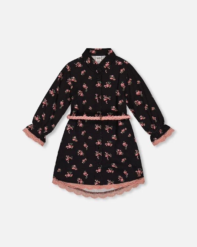 Big Discounts Printed Flowers Viscose Shirt Dress With Belt