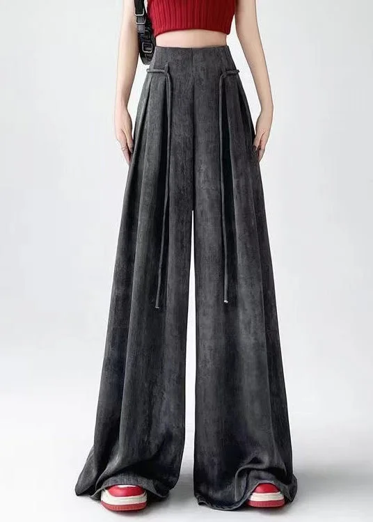 Super Deal Handmade Black Grey Wrinkled Ice Silk Wide Leg Pants Summer RU003