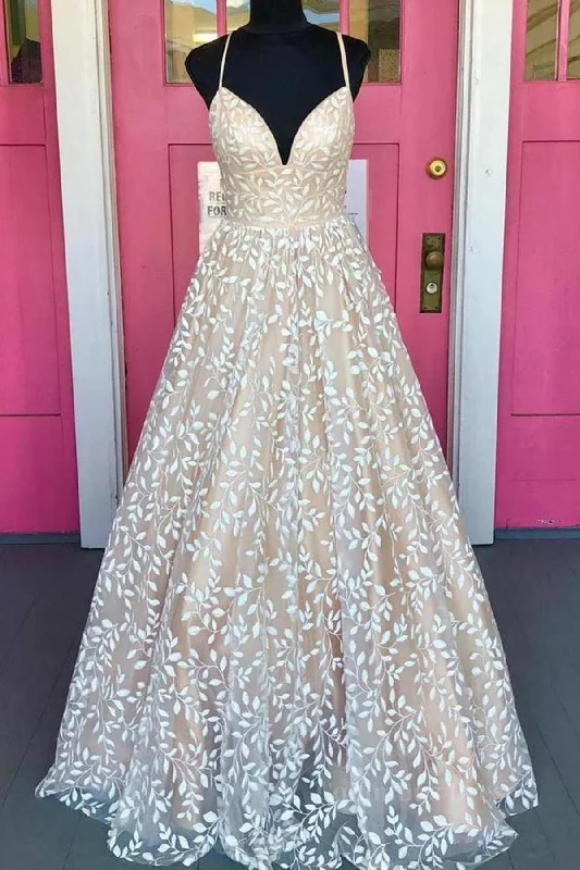 Discount Extravaganza V Neck Open Back Champagne Lace Long Corset Prom Dress, Champagne Lace Corset Formal Graduation Evening Dress outfit
