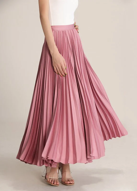 Today’s Deal Pink Solid High Waist Silk Pleated Skirt Zippered RV014