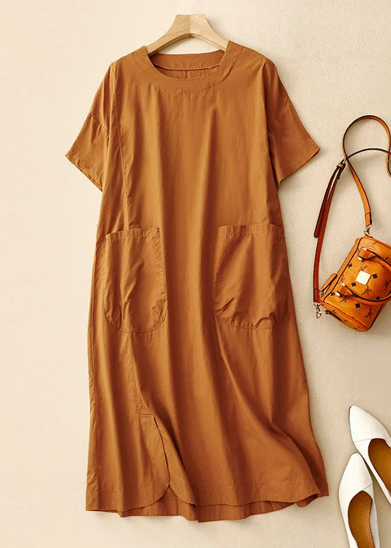 Friends and Family Sale Handmade Orange O Neck Pockets Patchwork Cotton Dresses Summer AM1058