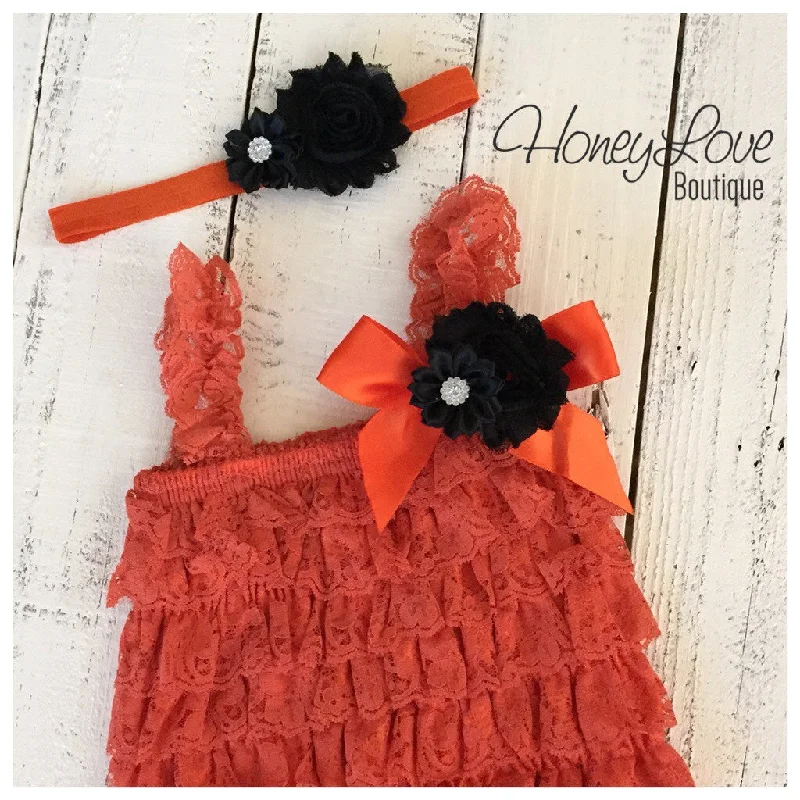 Super Savings Lace Embellished Orange Petti Romper & Headband