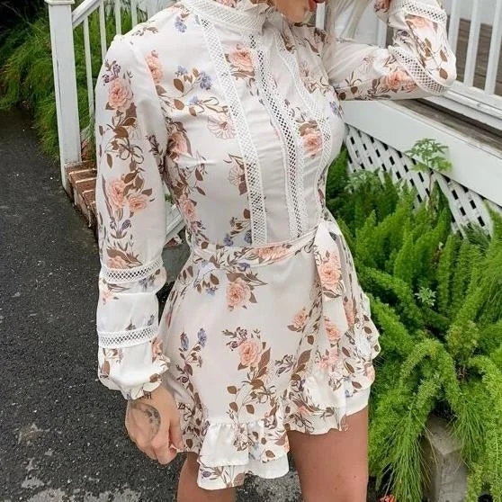 Mega Deal Eilly Bazar Lace Insert Ruffle Hem Belted Floral Dress
