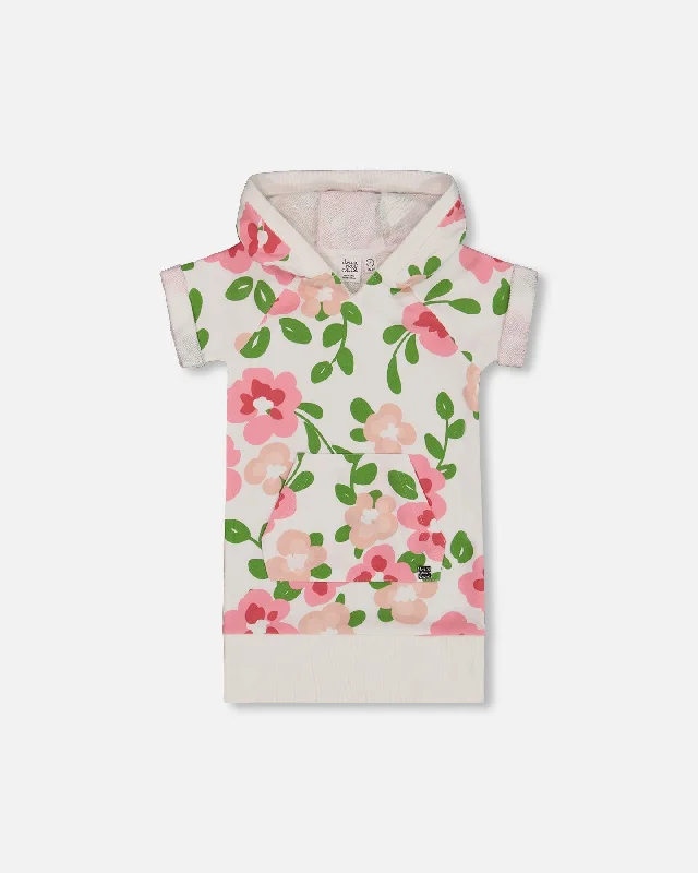 Deal Dash Printed French Terry Hooded Dress Pink Flowers On White Background