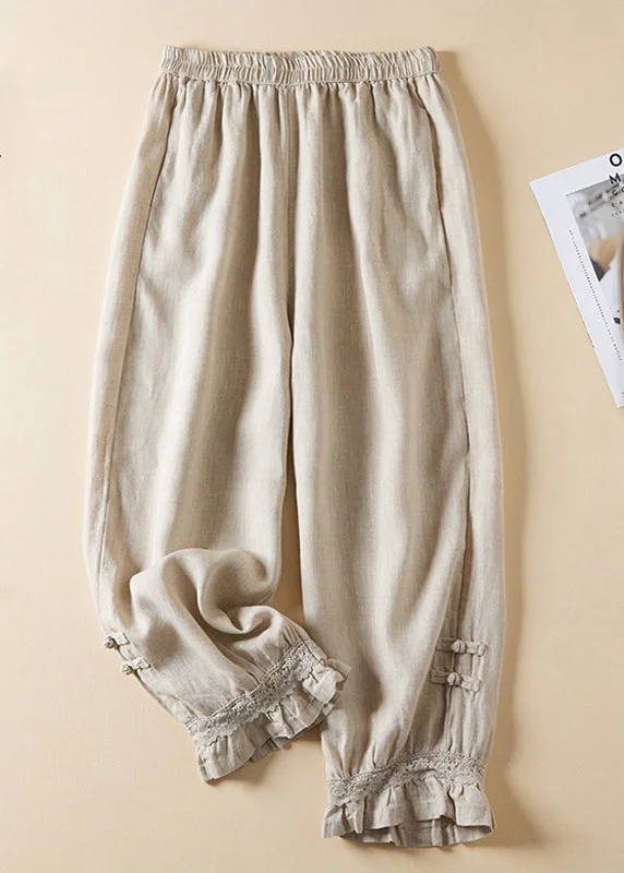 Super Savings Casual Linen Lace Button Elastic Waist Harem Pants Summer AM1065
