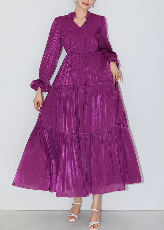 Limited Availability Italian Purple Ruffled Elastic Waist Silk Long Dresses Butterfly Sleeve AM1005 Limited Availability Italian Purple Ruffled Elastic Waist Silk Long Dresses Butterfly Sleeve AM1005