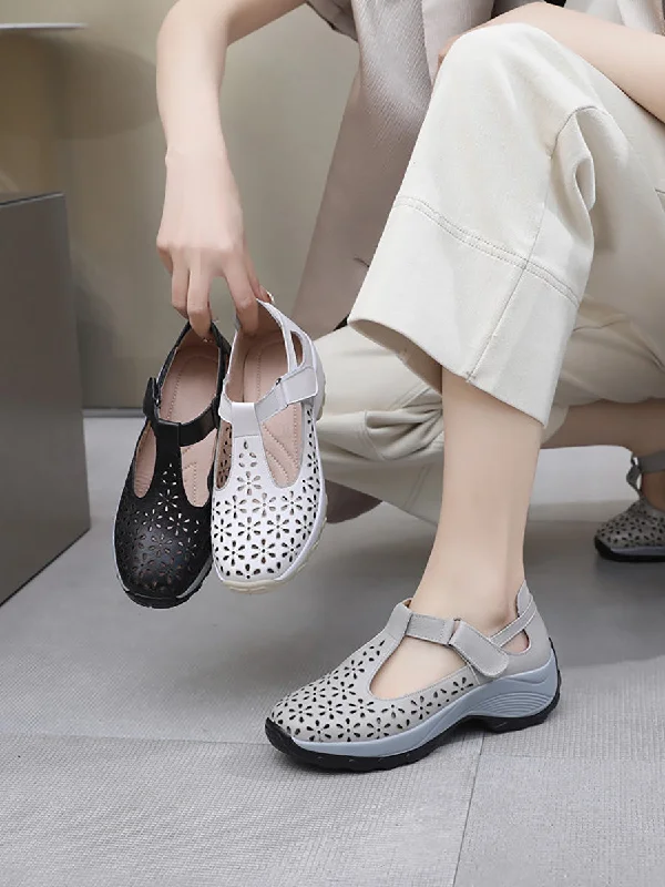 Factory Direct Sale Women Summer Solid Leather Cutout Platform Shoes PA1025