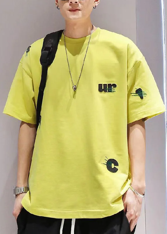 Online Only Casual Yellow Embroideried Cotton Oversized T Shirt Men Summer WA016