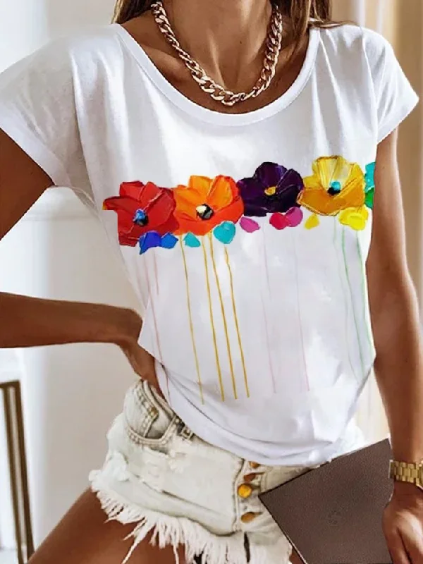 Price Cut Floral Crew Neck Casual Jersey T-Shirt  QX69