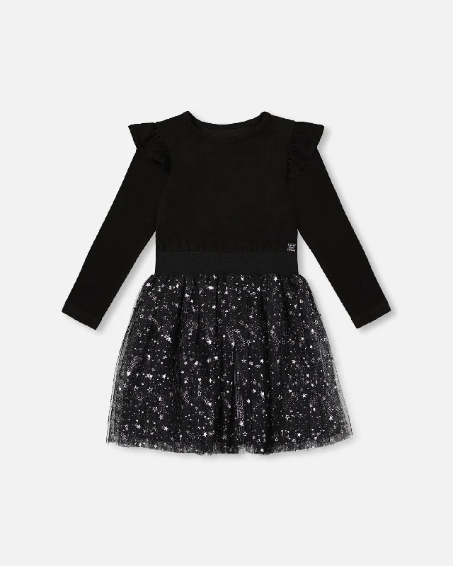 Price Rollback Long Sleeve Dress With Glittering Tulle Skirt Black
