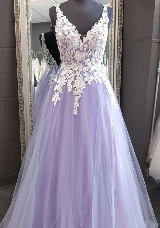 Super Deal Princess V Neck Long/Floor-Length Tulle Corset Prom Dress With Appliqued Lace outfit