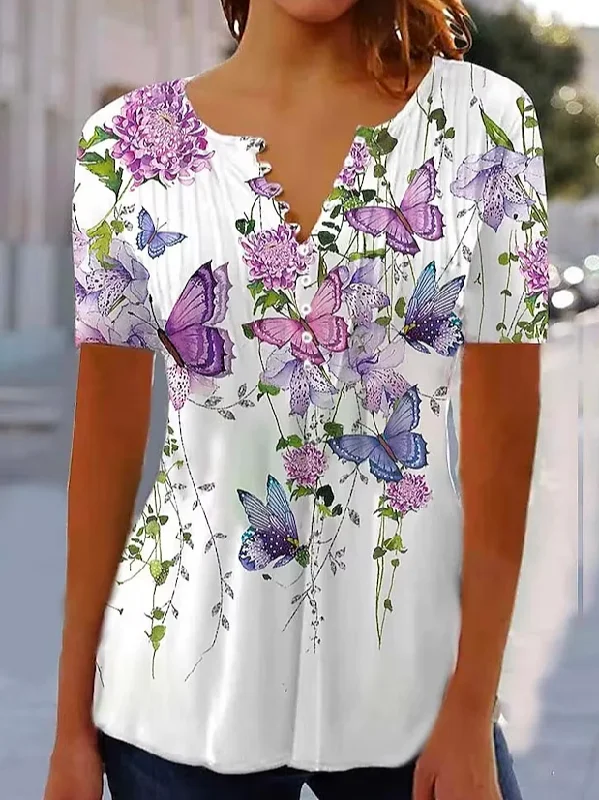 Act Fast Vacation Floral V Neck Loose T-Shirt  WG114