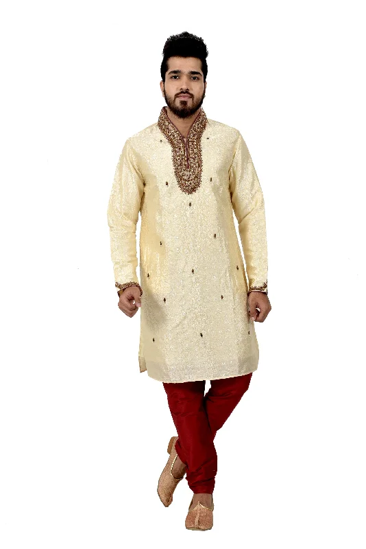Crazy Deals Indian Traditional Brocade Silk Cream Kurta Pajama for Men