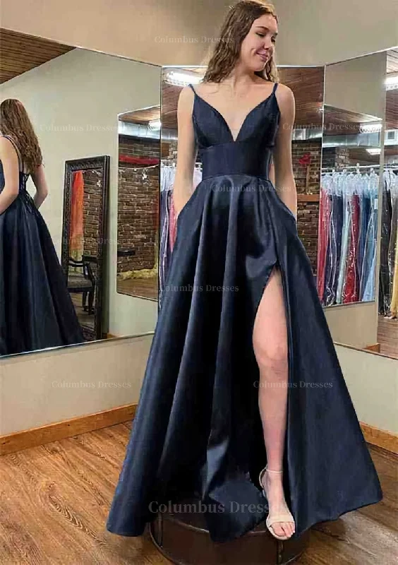 Hot Deal A-line V Neck Sleeveless Satin Long/Floor-Length Prom Dress With Pockets Split Hot Deal A-line V Neck Sleeveless Satin Long/Floor-Length Prom Dress With Pockets Split