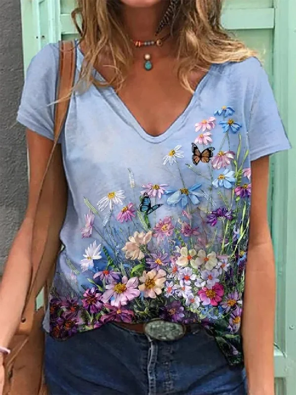 Unmissable Offer V Neck Casual Floral T-Shirt UU46