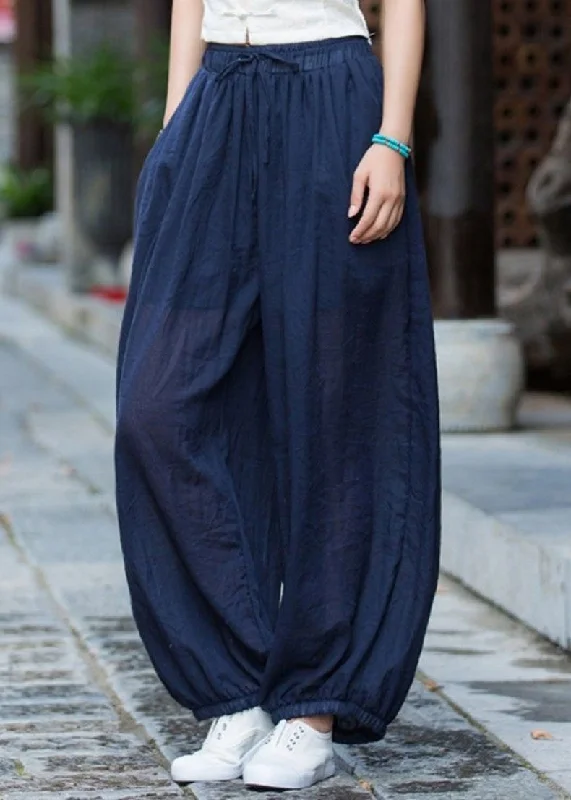 Now or Never Casual Navy Pockets Elastic Waist Cotton Lantern Pants Summer QK013