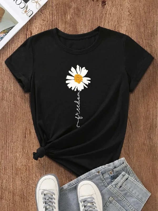 Super Bargain Crew Neck Floral Vacation Loose Floral & Letter Graphic T-Shirt  cc180