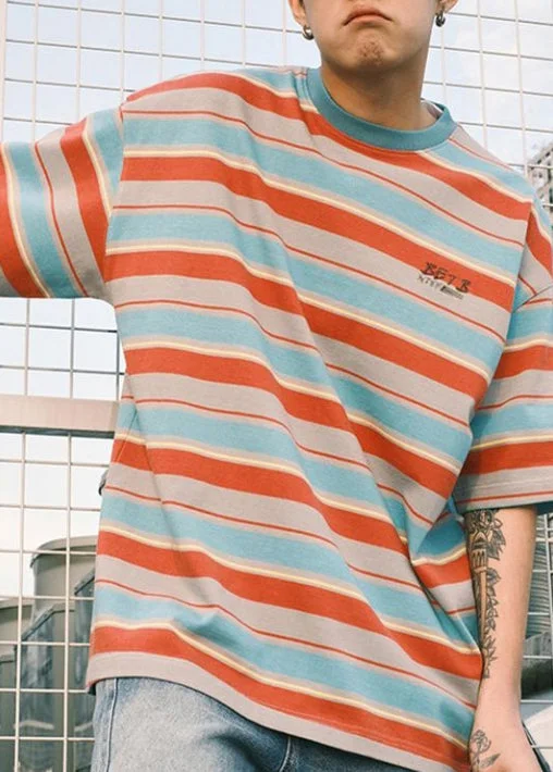 Instant Discount Italian Red O Neck Striped Cotton Mens T Shirts Summer QH008