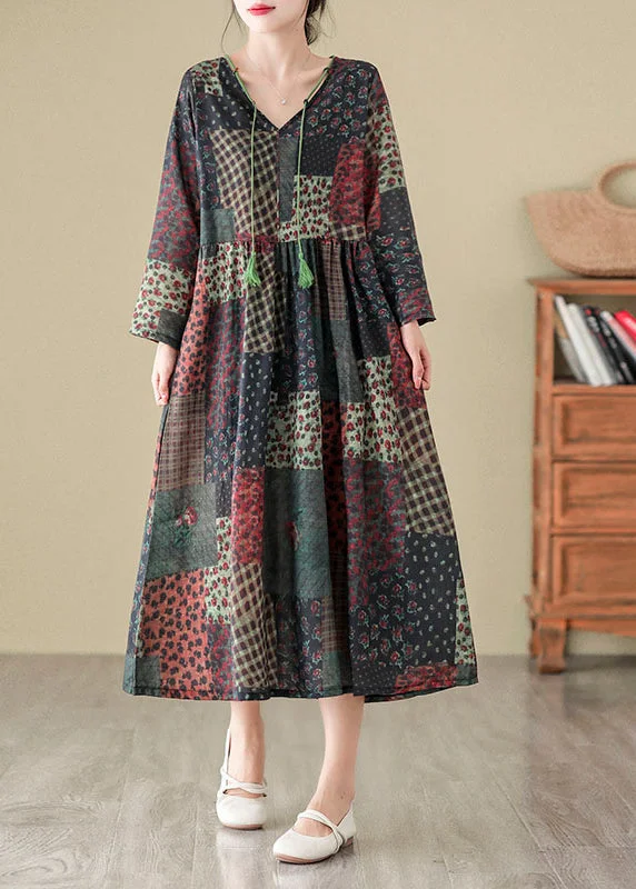 Flash Sale Bohemian V Neck Print Patchwork Cotton Long Dress Fall QO043