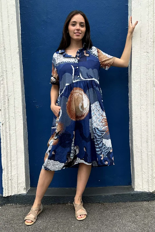 Hurry In Festival Villa Dress Long Blue in Cotton Voile