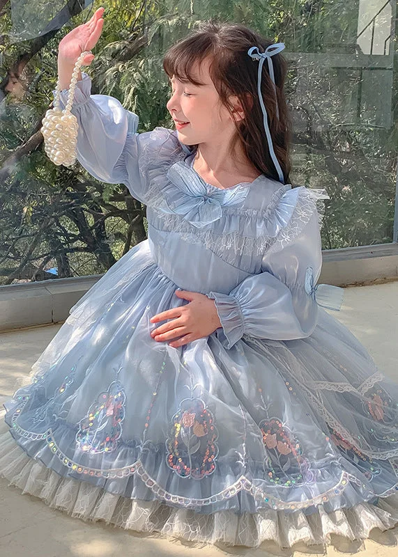 Year-End Clearance Fashion Blue Bow Embroideried Patchwork Tulle Girls Vacation Maxi Dresses Puff Sleeve RP049