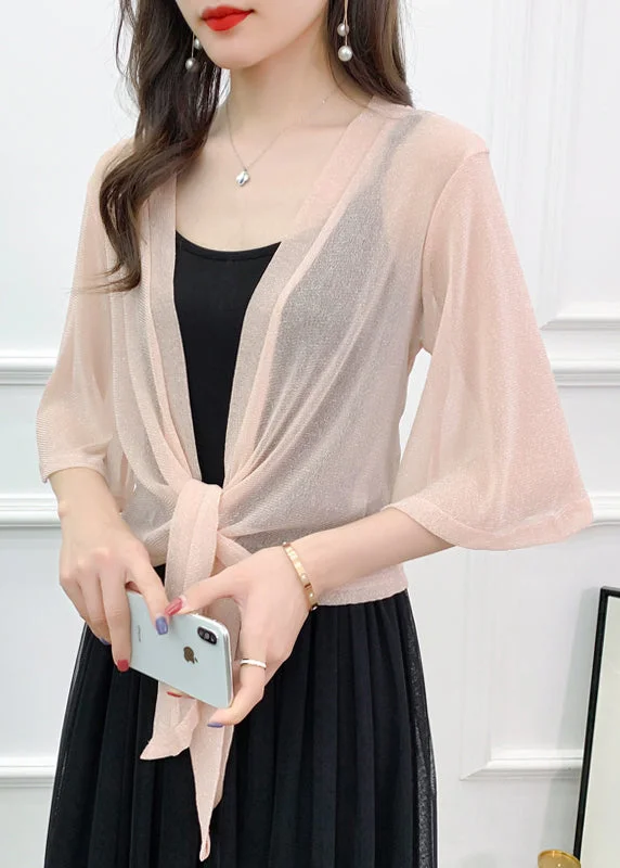 Exclusive Preview Sexy Pink Bright Silk Lace Up Tulle Cardigan Summer AS1019
