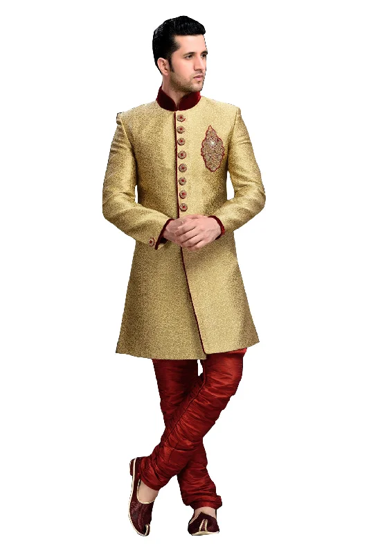 Crazy Deals Traditional Butter Cream Brocade Jamawar Silk Indian Wedding Sherwani For Men