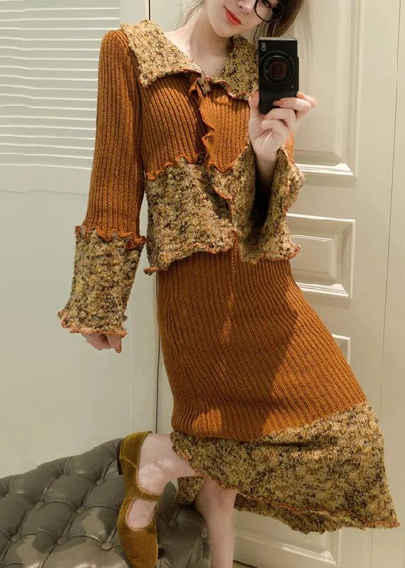 Closeout Sale French Peter Pan Collar Print Patchwork Cotton Knit Cardigans And Maxi Skirts Two Pieces Set Fall WV023 Closeout Sale French Peter Pan Collar Print Patchwork Cotton Knit Cardigans And Maxi Skirts Two Pieces Set Fall WV023