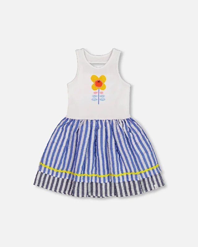 Price Smash Bi-Material Cotton And Seersucker Dress White And Royal Blue