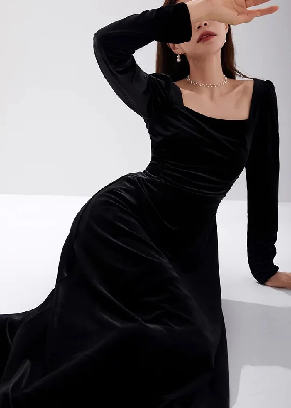 Savings Bonanza Slim Fit Black Square Collar High Waist Velour Dress Fall AM1015