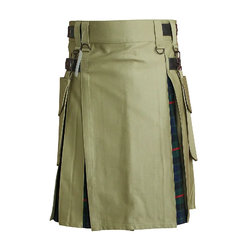 Deal Zone Heavy Cotton Hybrid Kilt Khaki Color With Tartan
