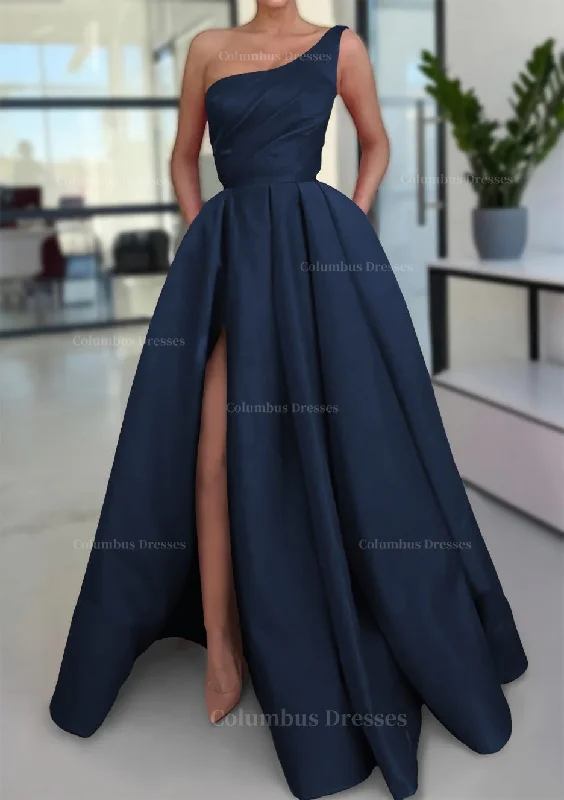 Blowout Deals A-line Sleeveless One-Shoulder Long/Floor-Length Satin Prom Dress With Split Ruffles Pockets
