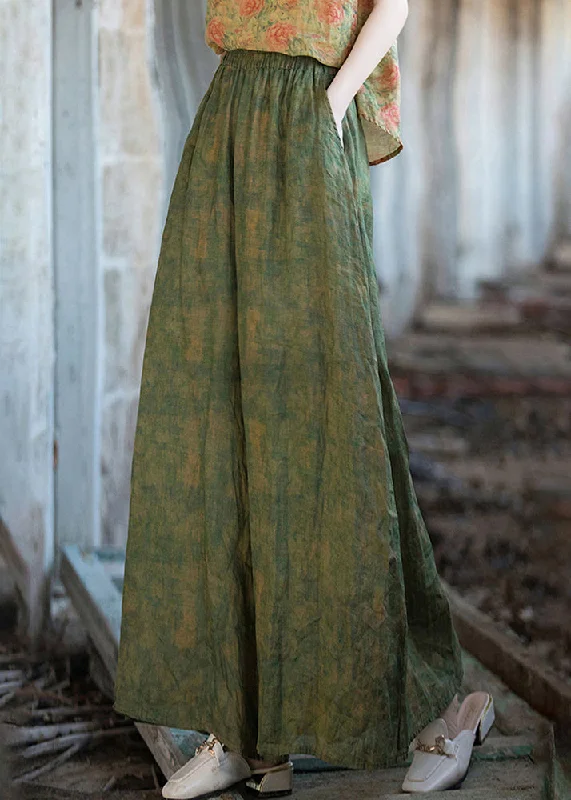 Deal Dash Chic Green Print Pockets Linen Wide Leg Pants Summer QE029