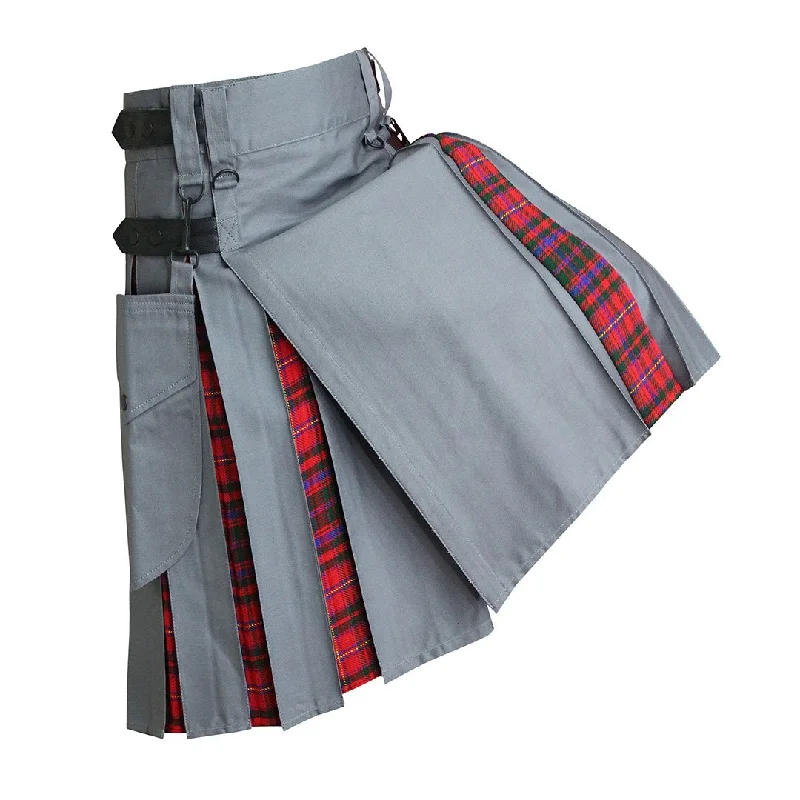 Time-Limited Offer Heavy Cotton Hybrid Kilt Grey Color With Tartan