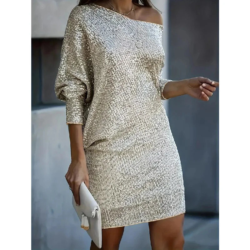 YEAR-End Clearance Contrast Sequin Solid Dress Party Wear V Neck Long Sleeve Dress Womens Clothing YEAR-End Clearance Contrast Sequin Solid Dress Party Wear V Neck Long Sleeve Dress Womens Clothing