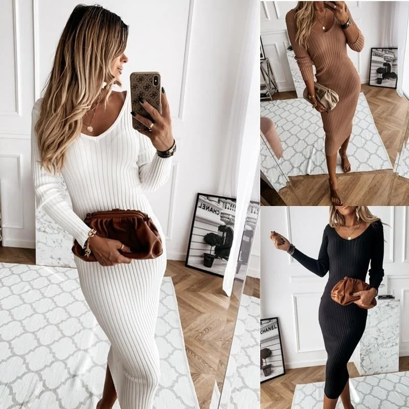 Super Deal casual solid color low-cut V-neck sexy dress