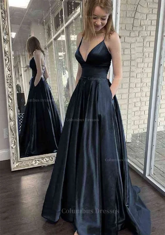 Can't Miss A-line V Neck Spaghetti Straps Sweep Train Charmeuse Prom Dress With Pockets