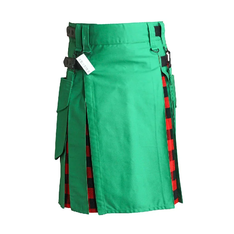 Super Sale Heavy Cotton Hybrid Kilt Green Color With Tartan