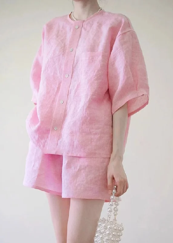 Hot Deal Cute Pink O-Neck Button Shirts And Shorts Two Pieces Set Summer QB020